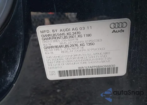 2011 Audi Q5 2.0T Premium из США, поврежденный, VIN WA1LFAFP6BA096830